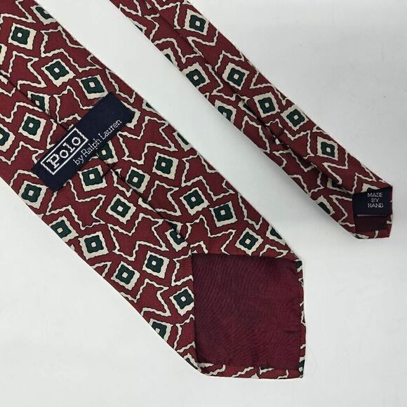 POLO RALPH LAUREN HAND MADE SILK TIE RED GREEN ABSTRACT GEOMETRIC 3.5" X 56" - Picture 2 of 2